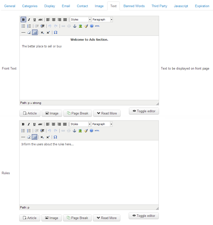 Text Configuration